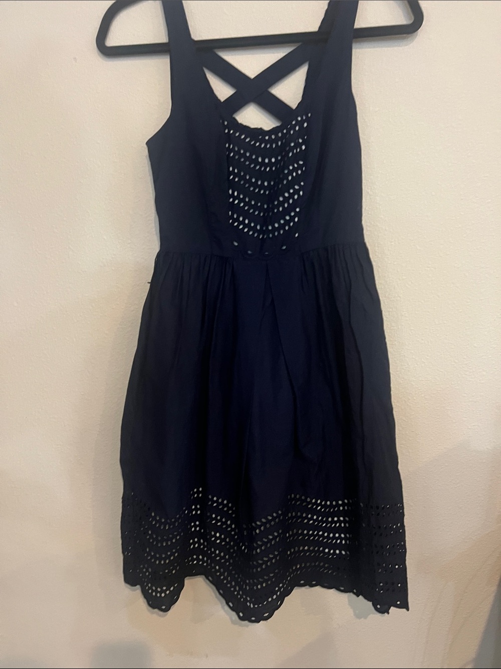 Moulinette Soeurs Navy Eyelet Fit-and-Flare Dress with Crisscross Back